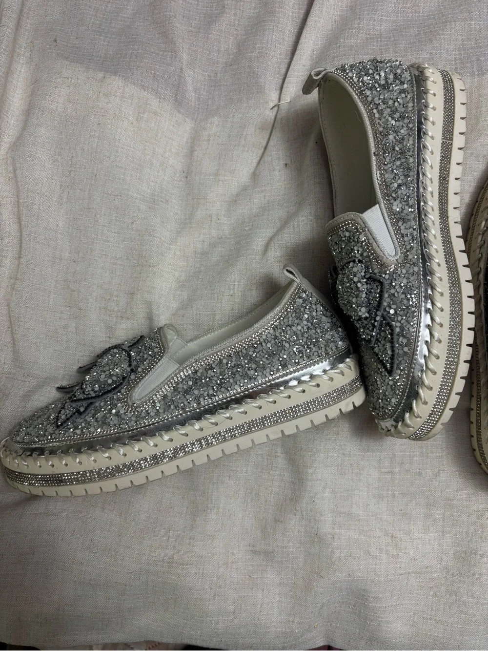 Women’s Silver Glitter Bow Slip-On Loafers